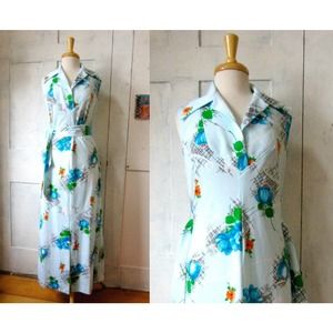 70s Vintage Floral Poly Maxi Dress Large Collar